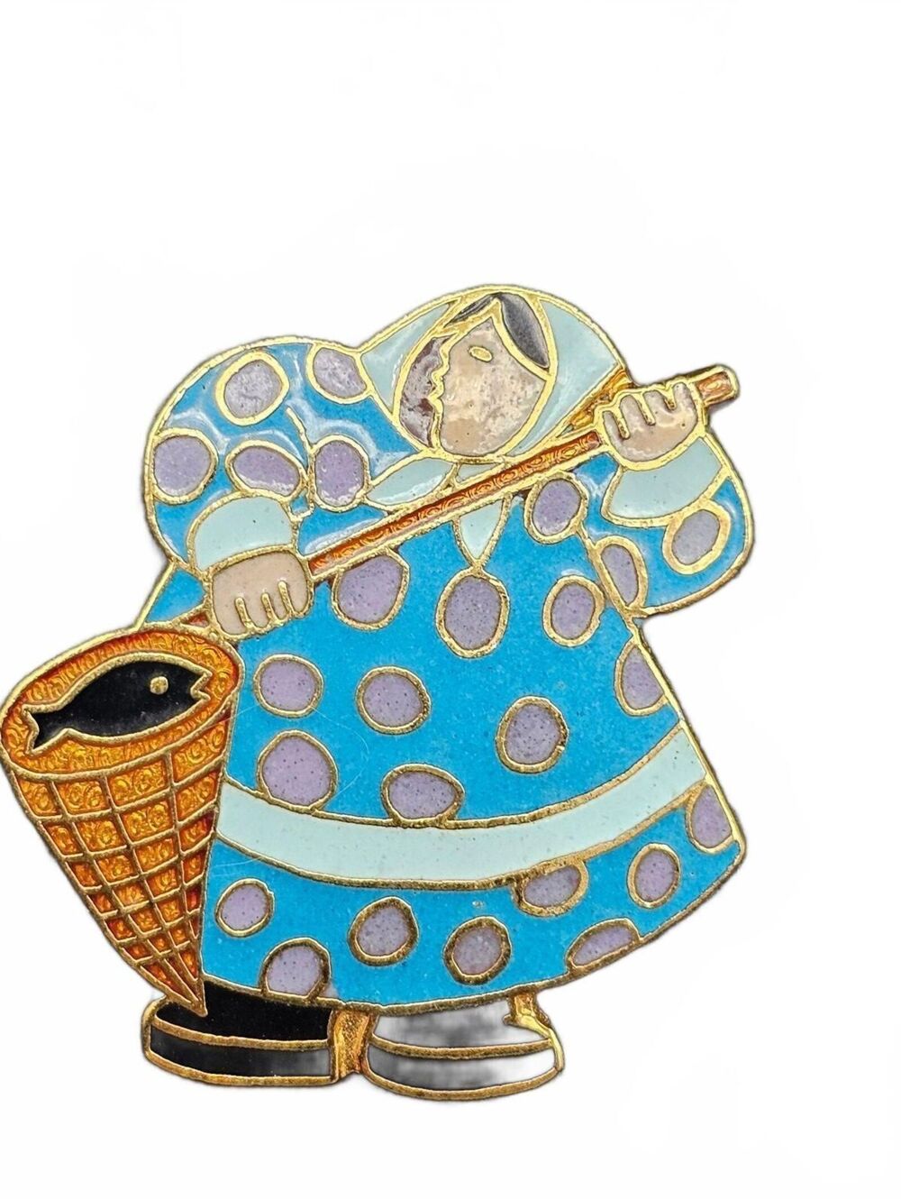 Vintage Antique Barbara Lavalee Eskimo Native Women Enamel Gold Tone Brooch Pin